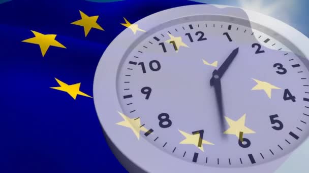 Compuesto Digital Bandera Europea Británica Renuncia Detrás Reloj Analógico Blanco — Vídeos de Stock