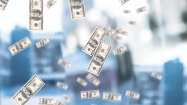 Digitálně Generované Dolarové Bankovky Prší Proti Rozostřené Světelné Pozadí — Stock video