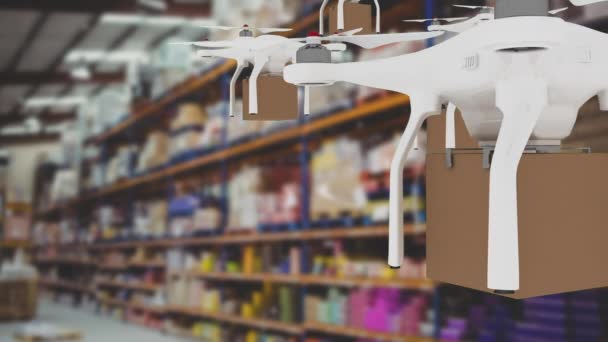 数字生成的无人机 带有箱子飞过仓库 — 图库视频影像