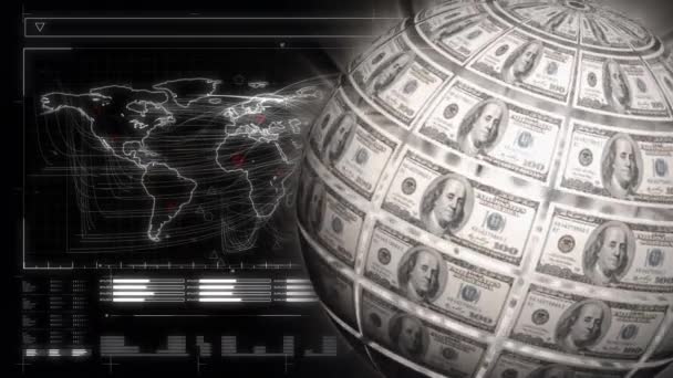 Digitally Generated Globe Rotating Dollar Bills Surface Dark Background Map — Stock Video