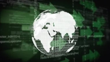 Arka plan yeşil oklar hareketli ve dijital veri gösterirken dijital olarak oluşturulan dijital küre dönen