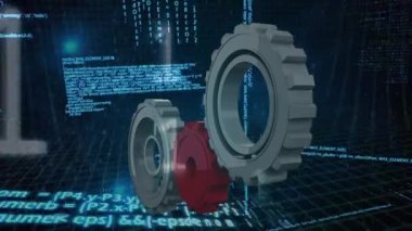 Arka plan ikili sayılar ve dijital bilgileri gösterirken dijital olarak oluşturulan hareketli dişliler