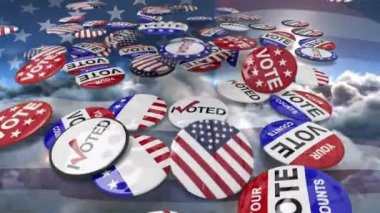 Dijital olarak oluşturulan düğme pimleri bulutlar ve güneş ile Amerikan bayrağı ve gökyüzü görüntü önce düşüyor