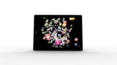 Siyah tabletin dijital olarak oluşturulan animasyonu, beyaz arka planda farklı uygulamaların simgeleriyle yakınlaştırılması.