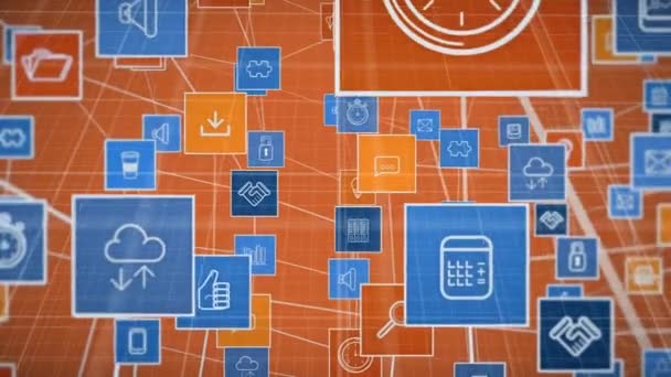 Digitally Generated Animation Icons Digital Applications Zooms Out Screen Orange — Stock Video