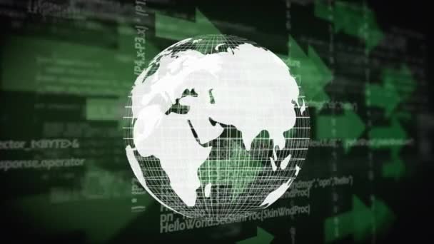 Globe numérique généré numériquement tournant tandis que l'arrière-plan montre les flèches vertes se déplaçant et les données numériques 