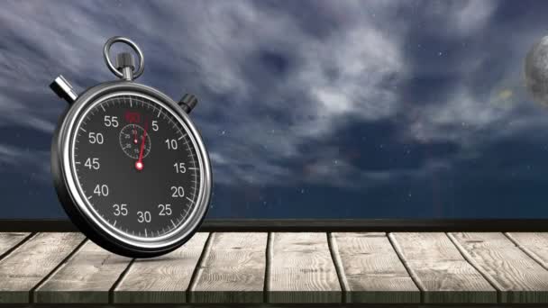 Vista Frontal Cronômetro Deck Madeira Enquanto Noite Gira Para Dia — Vídeo de Stock