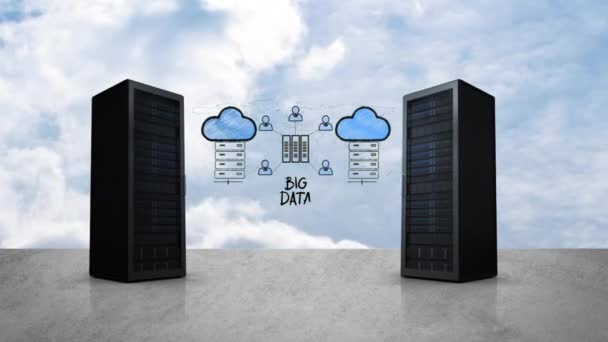 Cpus 的数字动画分裂 显示云存储地图的信息与天空与云的背景 — 图库视频影像