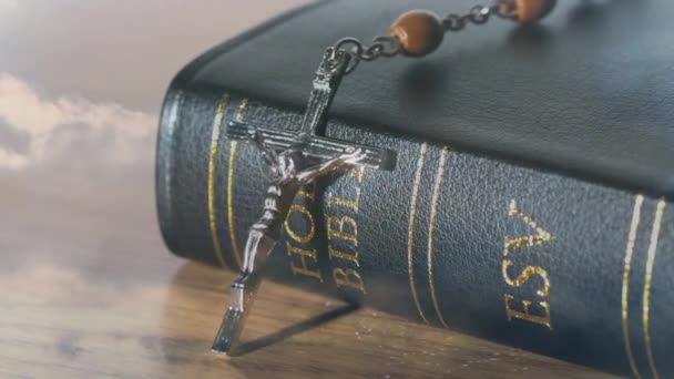 Digital Composite Black Bible Crucifix Background Shows Sky Clouds — Stock Video