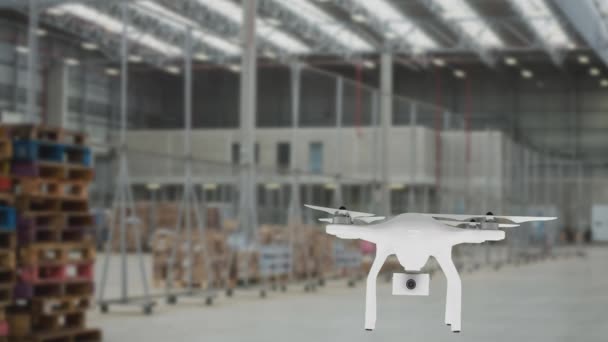 倉庫の上を飛ぶデジタル生成された白いドローン — ストック動画