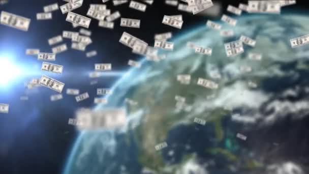 美元钞票浮动时 地球和太阳的高角度视图 — 图库视频影像