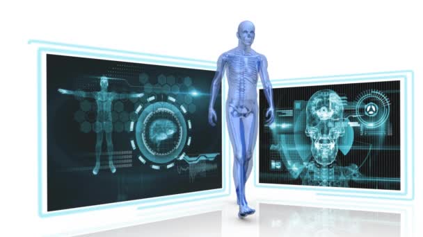 数字生成的人体解剖行走 背景显示身体和头部的两个数字图像 — 图库视频影像