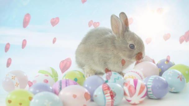 复活节兔子在复活节彩蛋上的数字合成 而心在周围飞来飞去 — 图库视频影像