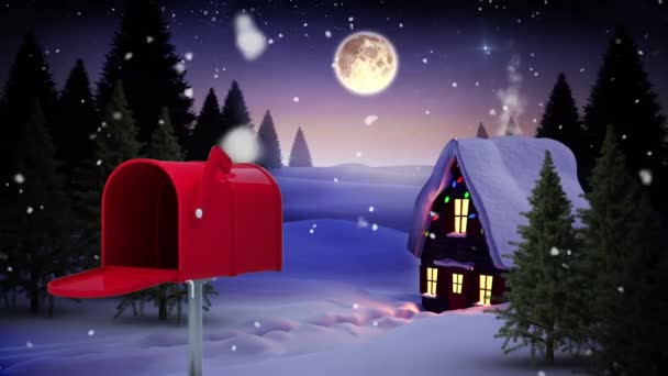 Digitally Generated House Red Mailbox Sending Out Letters Evening Santa — Stock Video