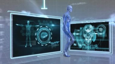 Dijital olarak oluşturulan insan anatomisi yürüyüş, arka plan bilgi ve ikili kodları ile siyah ekran gösterir.
