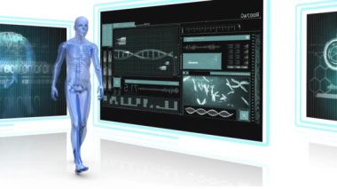 Dijital olarak üretilen insan anatomisi arka plan etrafında yürüyüş tıbbi ekran ile ekran gösterir