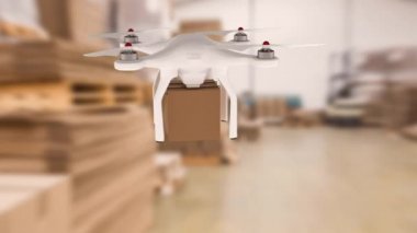 Bir kutu taşırken bir depoda uçan dijital olarak üretilen drone