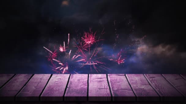 Composito Digitale Coperta Legno Del Cielo Notturno Con Fuochi Artificio — Video Stock