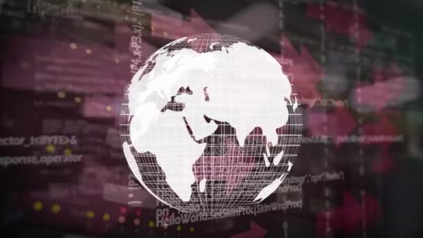 globe rotatif blanc généré numériquement. Arrière-plan montre différentes données et flèches mobiles fanées .