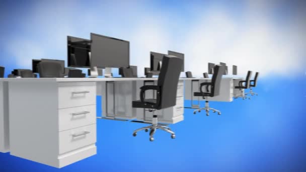 Digitally Generated Office Desks Computers Moves Screen Blue Cloud Background — Stock Video