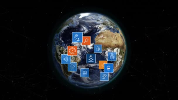 Digitalt Genererade Roterande Earth Medan Digitala Ikoner Flytta Och Expanderar — Stockvideo