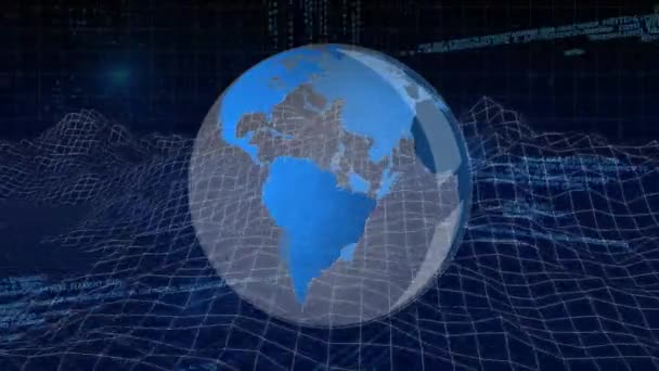 globe généré numériquement tournant tandis que le graphique du paysage se déplace ci-dessous. Fond bleu foncé avec motifs carrés .