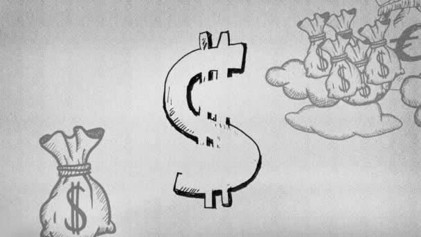 Digital Animation Dollartecken Skiss Grå Bakgrund Visar Påsar Med Pengar — Stockvideo