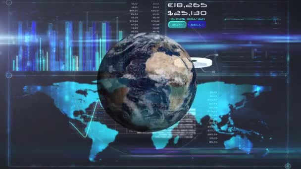 Animação Gerada Digitalmente Globo Girando Zooms Enquanto Fundo Mostra Gráficos — Vídeo de Stock