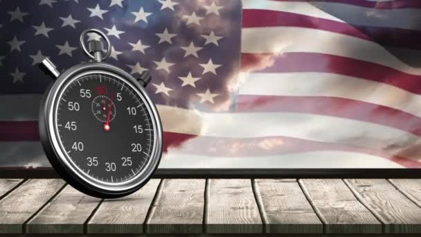 Cronômetro Gerado Digitalmente Deck Madeira Fundo Mostra Renúncia Bandeira Americana — Vídeo de Stock
