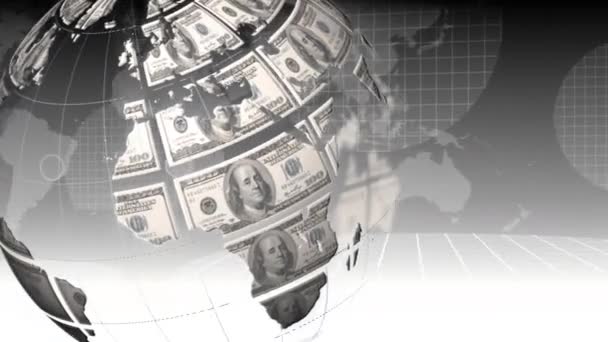 数字生成的地球动画旋转与美元钞票在表面 而灰色背景显示世界地图 — 图库视频影像