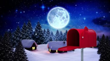 Dijital olarak oluşturulan kırmızı posta kutusu gece küçük bir köyde mektup göndererek. Arka plan küçük aydınlatılmış ev, ay ve Noel Baba ve dizginler içerir