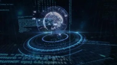 Arka plan dijital kodları gösterirken dijital dairenin üstünde dijital olarak oluşturulan küre.