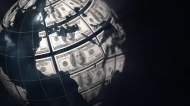 Yüzeyde dolar banknotları ile dijital olarak oluşturulan dönen küre