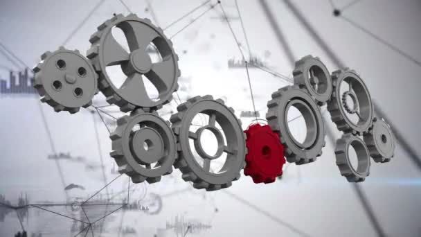 Digitally Generated Gears Rotating Black Asymmetrical Lines Background — Stock Video