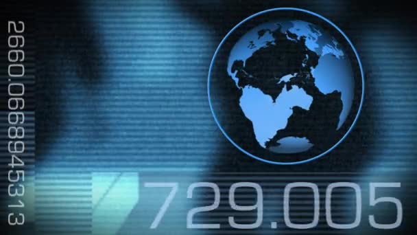 数字生成的地球动画在蓝色背景下旋转 而数字显示和变化的底部和左侧和背景显示模糊的视频 两个人走向屏幕 — 图库视频影像