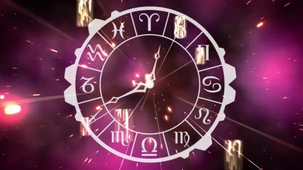 数字生成的模拟时钟 带有生肖符号符号 背景显示星系和发光灯放大 — 图库视频影像