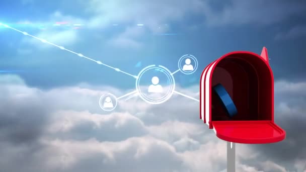 Digitálisan Generált Vörös Postaláda Megnyitása Háttérben Égen Látható Felhőkkel Profil — Stock videók