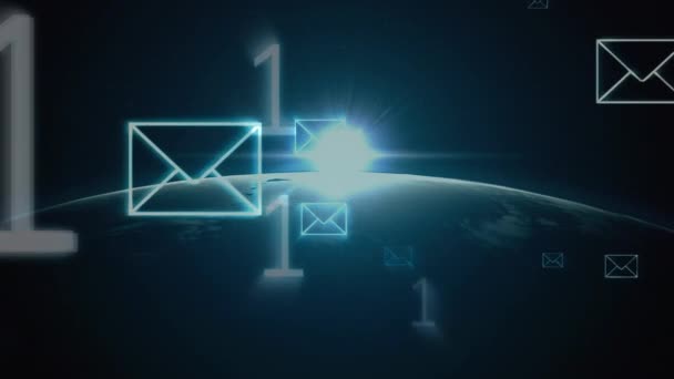 Icônes de message générées numériquement et nombres binaires flottant dans l'écran tandis que la terre tourne avec un flash de lumière 