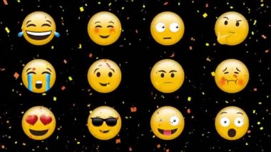 Siyah arka plan ve dijital konfeti efektleri farklı ifadeler ile emojis dijital animasyon