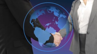 Bir işadamı ve bir iş kadını arasında el sıkışma yakın bir dünya ön planda dönen bir dijital animasyon ile