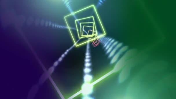 沿着隧道闪烁的灯光穿过方形虫洞的数字动画 — 图库视频影像