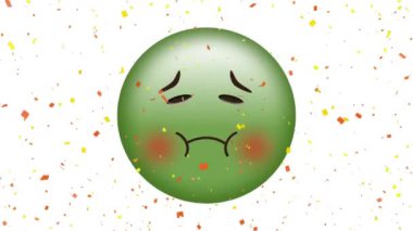Konfeti beyaz bir arka plan aleyhine ön planda düşen bir mide bulantısı yüz emoji dijital olarak oluşturulan animasyon