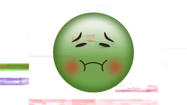 Animation numérique d'un emoji vert nauséeux avec des barres de lumière scintillantes comme effets 