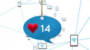 Bir kalp simgesi ve sayıları artan bir iplik asılı mavi bir sohbet kabarcık Animasyon. Arka plan beyaz çizgilerle birbirine bağlı wifi simgeleri ile doludur