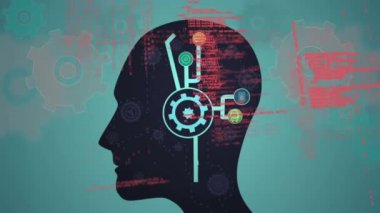 Yeşil arka plandaki insan kafasının içindeki simgelere bağlı çalışan bir dişlinin dijital animasyonu. Program kodları ön planda hareket ediyor