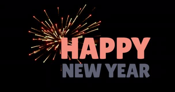 Digital Animation Happy New Year Bold White Text Fireworks Background — Stock Video