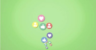 Kalbin dijital animasyonu, yeşil arka plan 4k üzerinde yukarı doğru hareket eden simgeleri beğenme ve takip edin