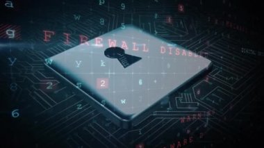 Virüs, kötü amaçlı yazılım ve güvenlik gibi kelimelerle bir devre kartına bağlı bir kilidin dijital olarak oluşturulmuş animasyonu