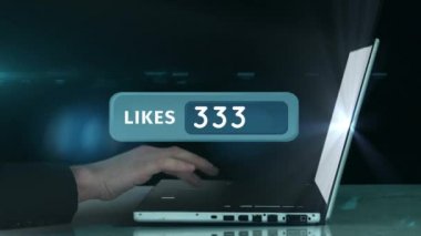 Beğeni sayısı sayısı artan bir sayı çubuğunun animasyonu. Arkasında bir masaüzerinde bir dizüstü bilgisayar. Arka plan bağlantılı profil simgeleri ile dolu dünya haritası