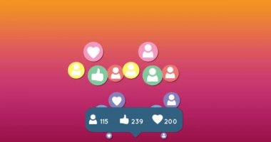 Animasyon takip, gibi ve kalp düğmesi sayıları artan. Arka plan, 4k yukarı uçan simgeleri ile degrade pembe